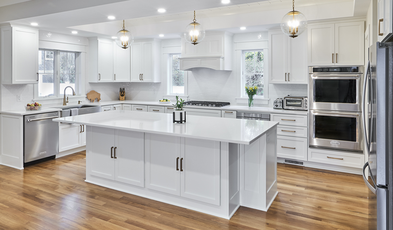 Open white kitchen + island